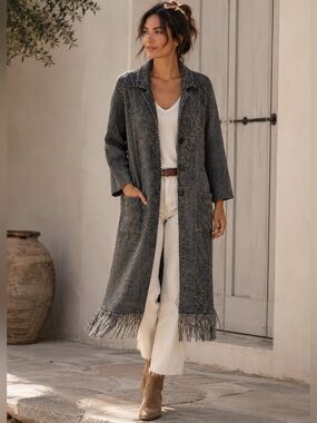 J. Jill Wearever Fringe Duster Cardigan Sweater Coat Medium Gray Black Knit